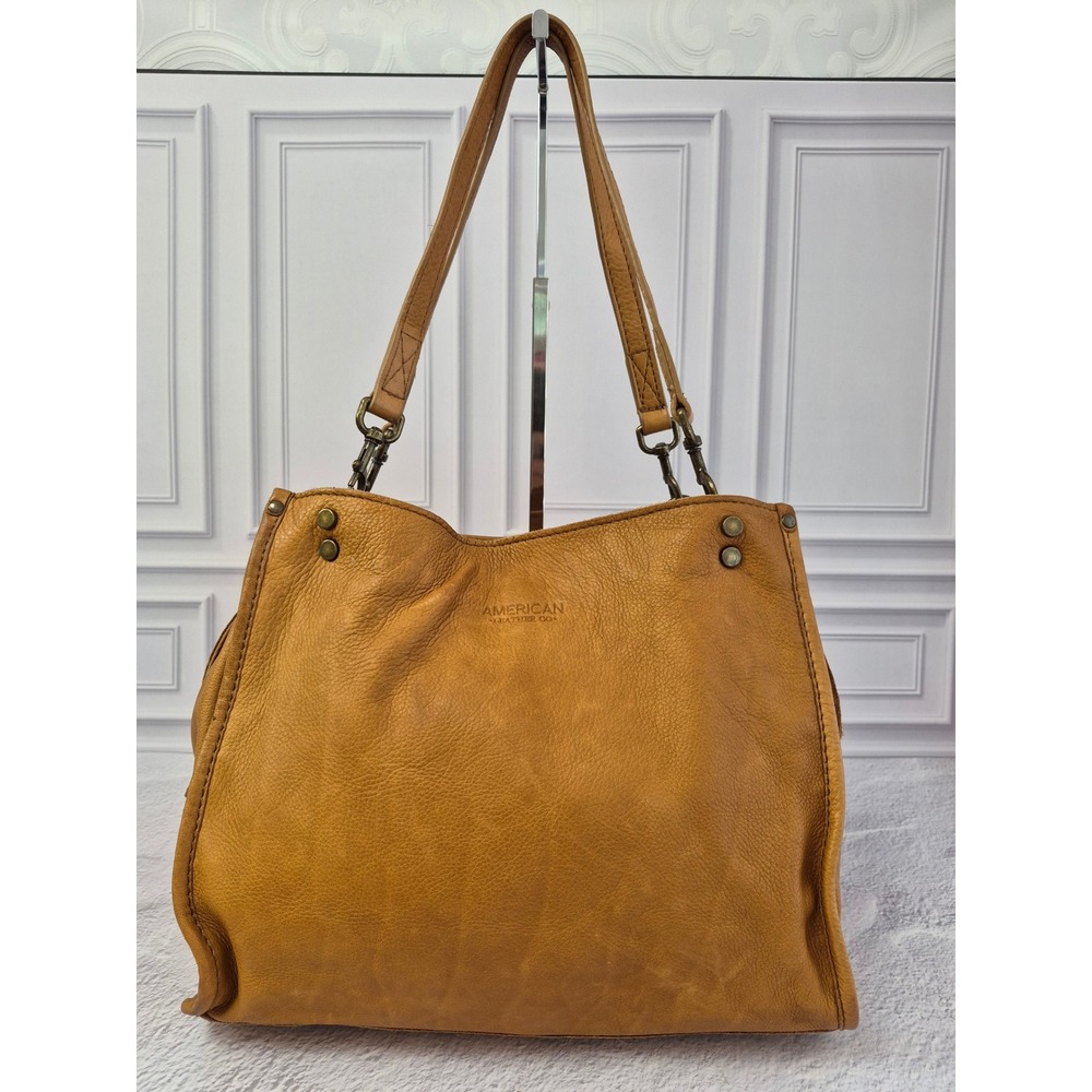 American Leather Co Lenox Triple Entry Satchel Bag Purse Leather Cafe Latte FLAW